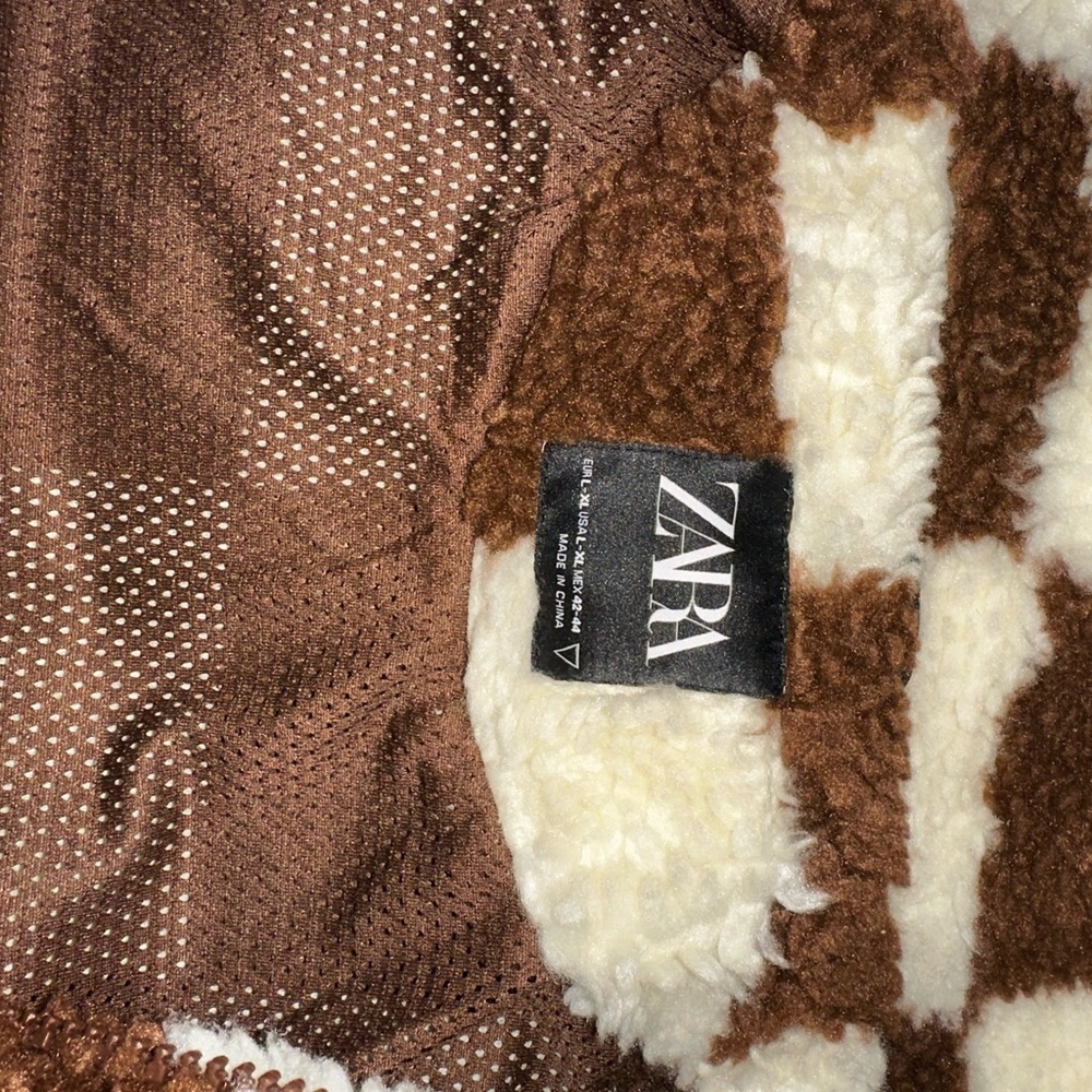 Zara Brown and Cream Checkered Zip-Up Sweater- Sherpa - Picture 6 of 7